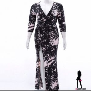 *Plus* Black/Pink Self Tie Front Slit Maxi Dress